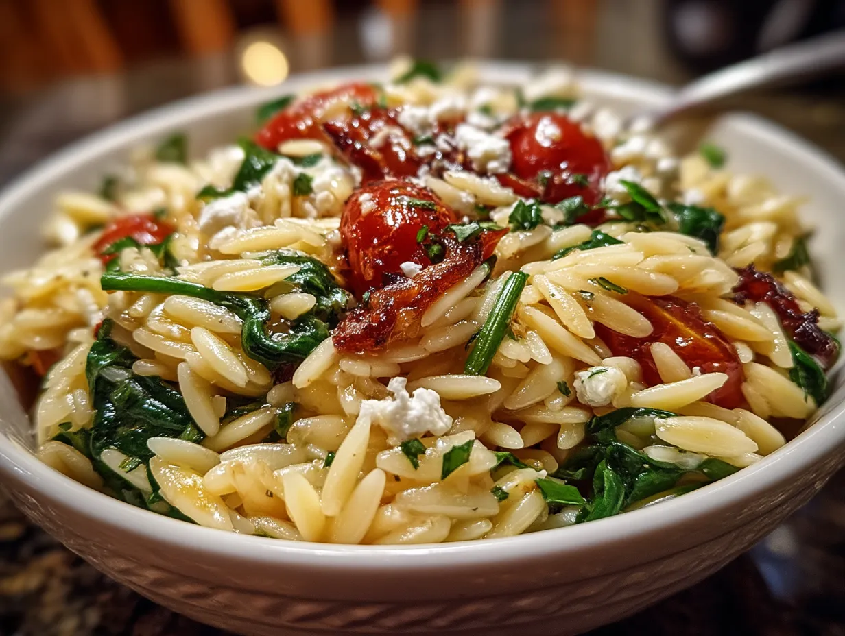 Serving suggestion for 20-minute Balsamic Orzo Salad with Spinach and Feta