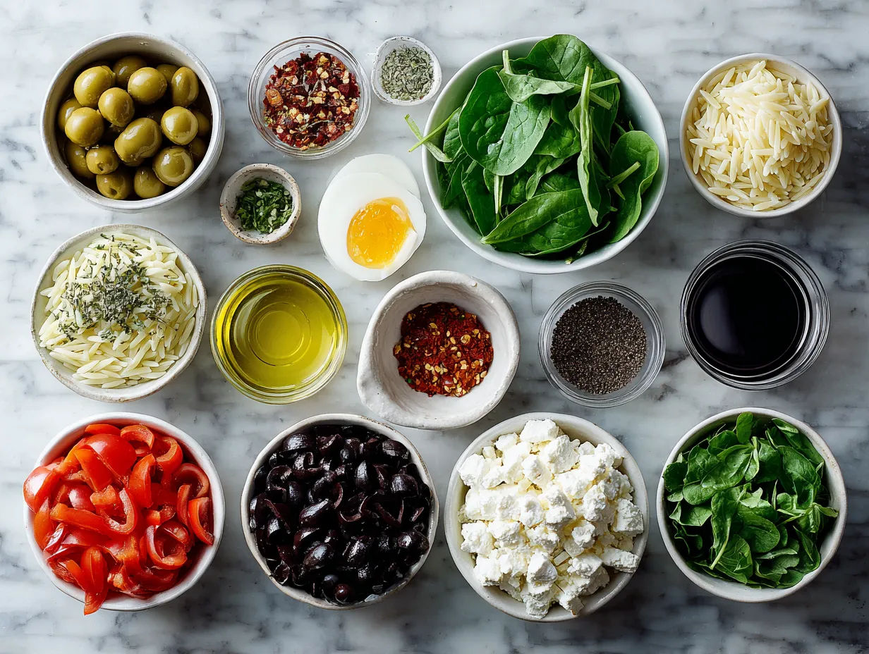 Ingredients for 20-minute Balsamic Orzo Salad with Spinach and Feta
