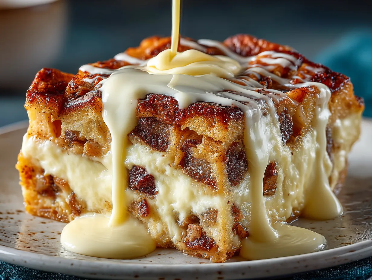 Served Apple Pie Bread Pudding with rich vanilla custard drizzled on top