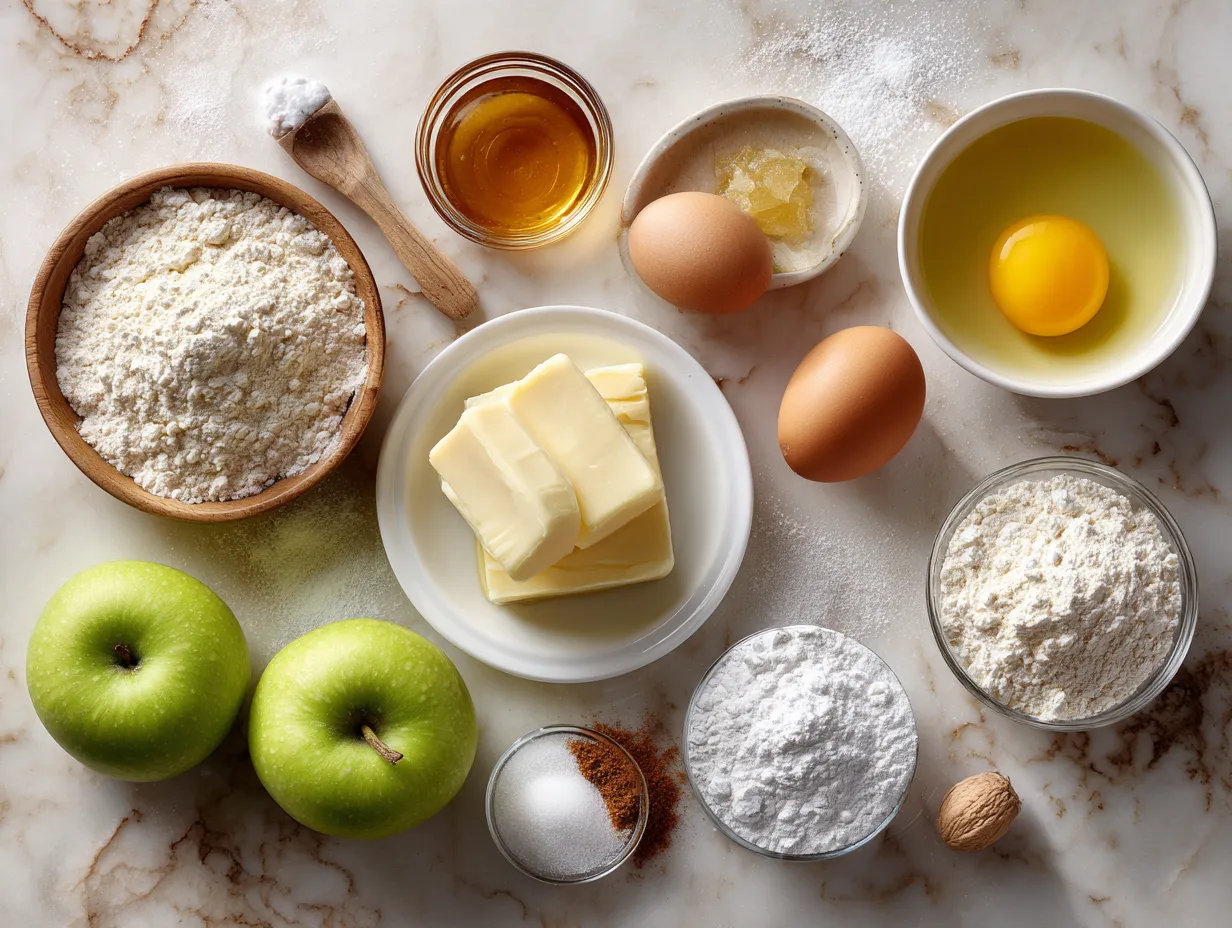 Ingredients laid out for Apple Pie Bread Pudding with rich vanilla custard