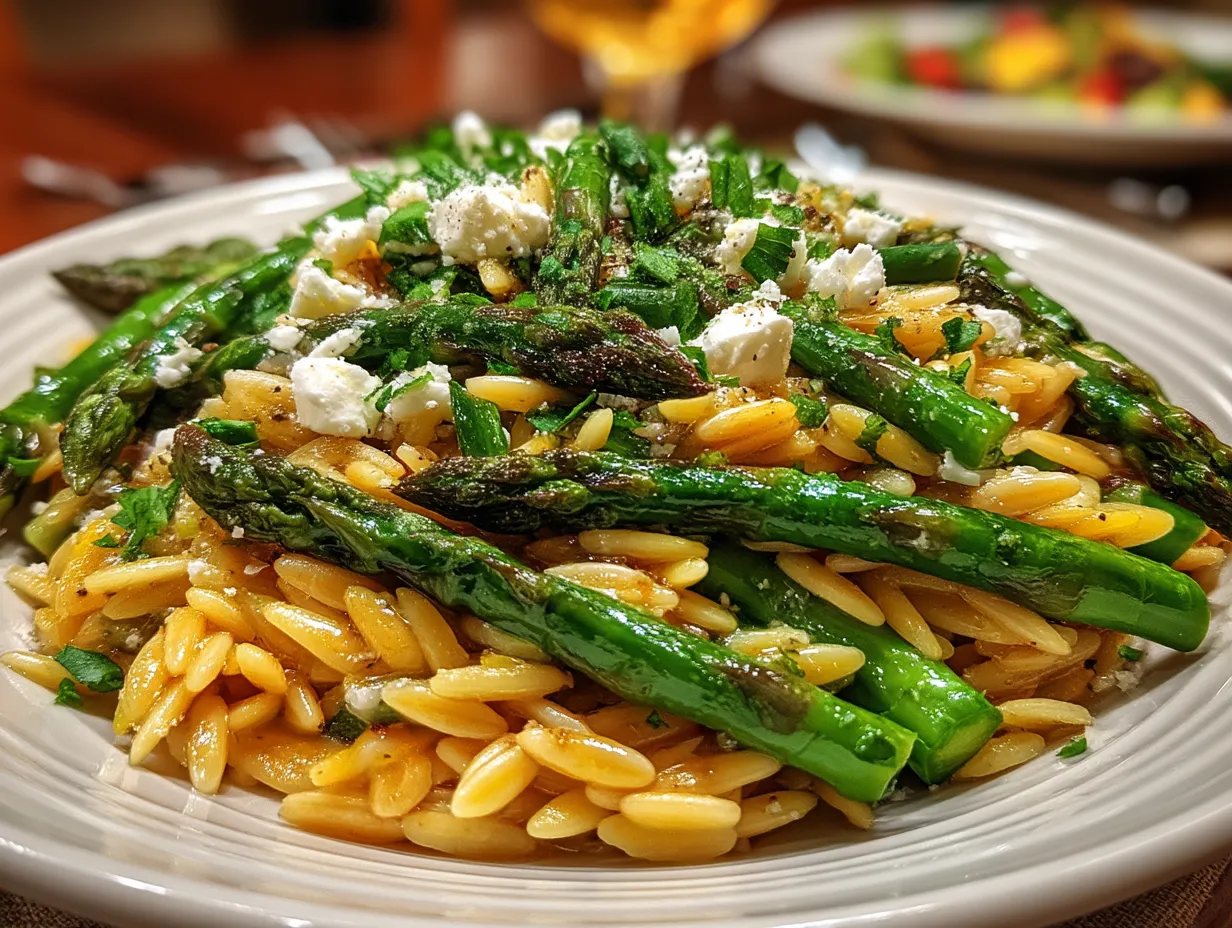 Serving Asparagus and Orzo Salad with Feta Cheese
