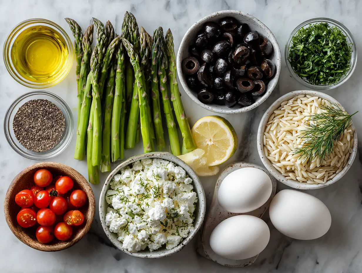 Ingredients for Asparagus and Orzo Salad with Feta Cheese