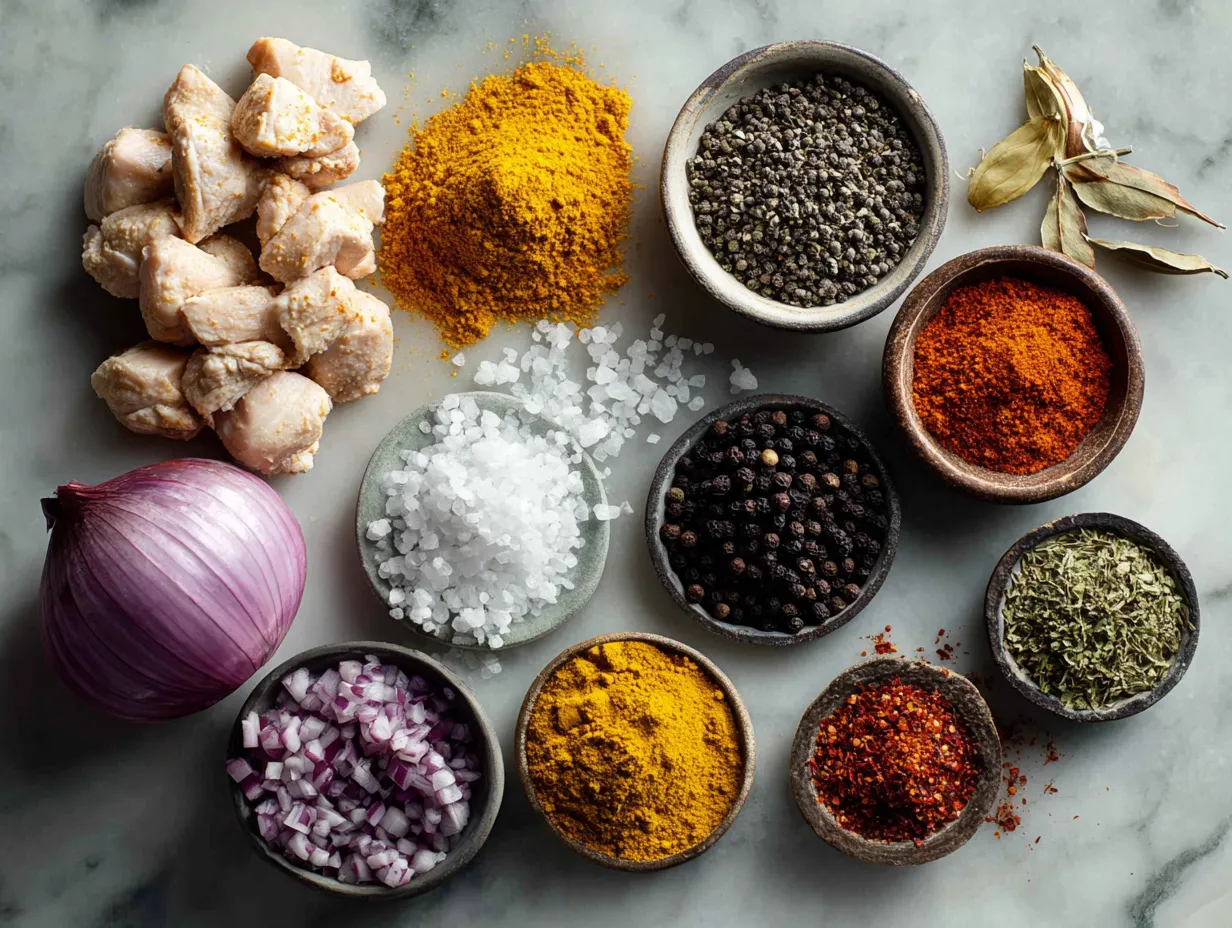 Ingredients laid out for Authentic Chicken Masala Curry