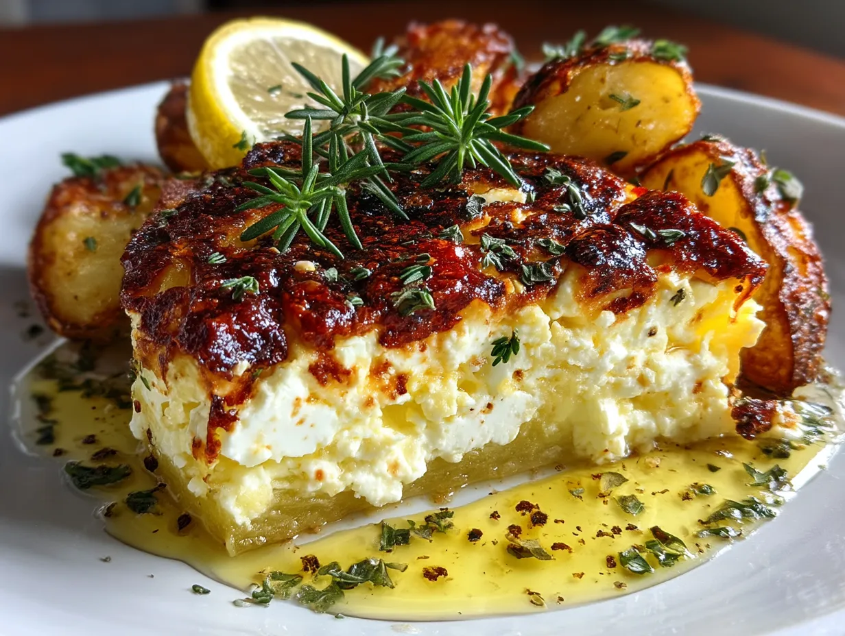 Serving Baked Feta Potatoes with fresh herbs and lemon wedges on a platter