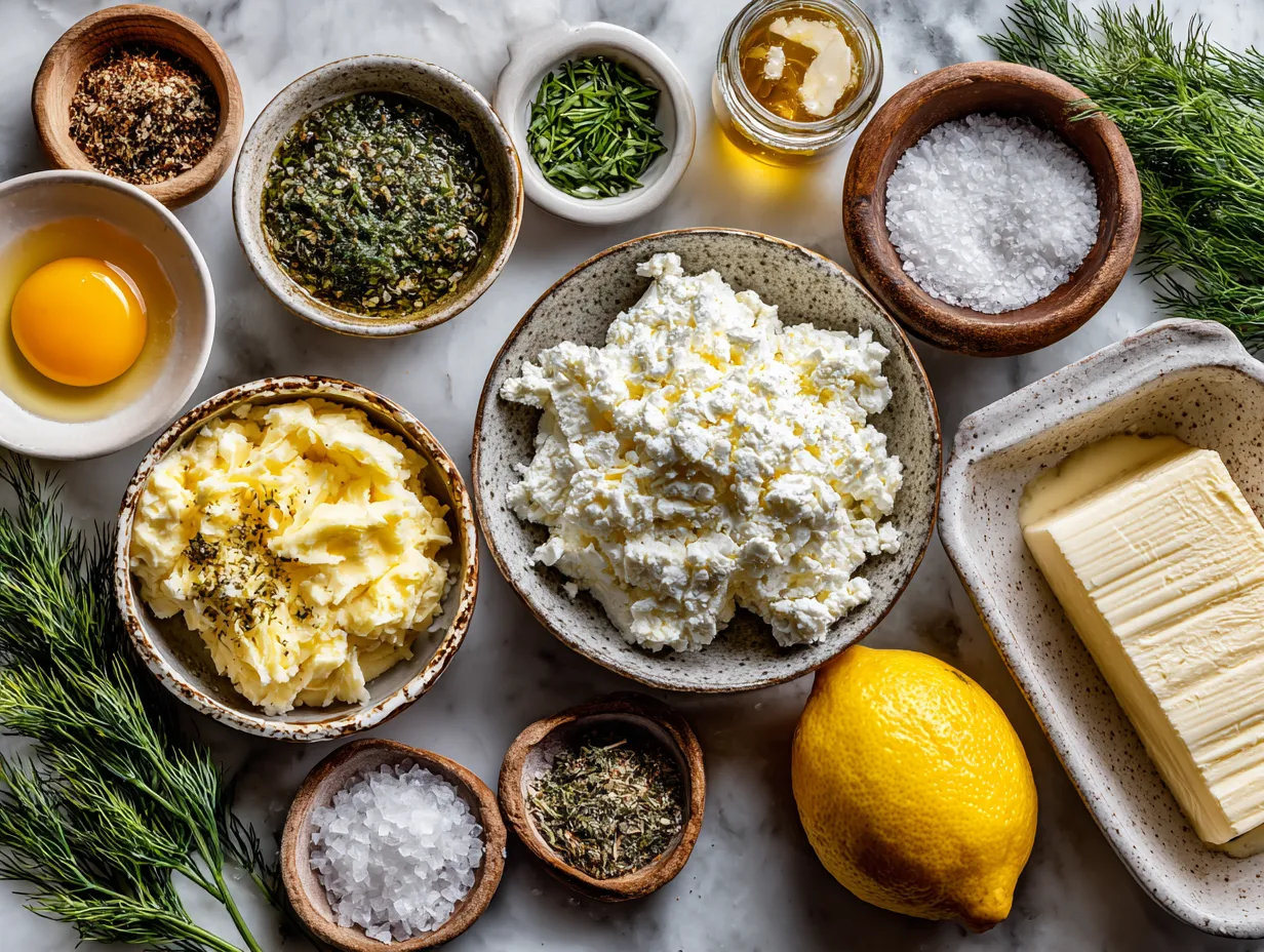 Ingredients for Baked Feta Potatoes with zesty lemon including potatoes, feta, lemon, and herbs