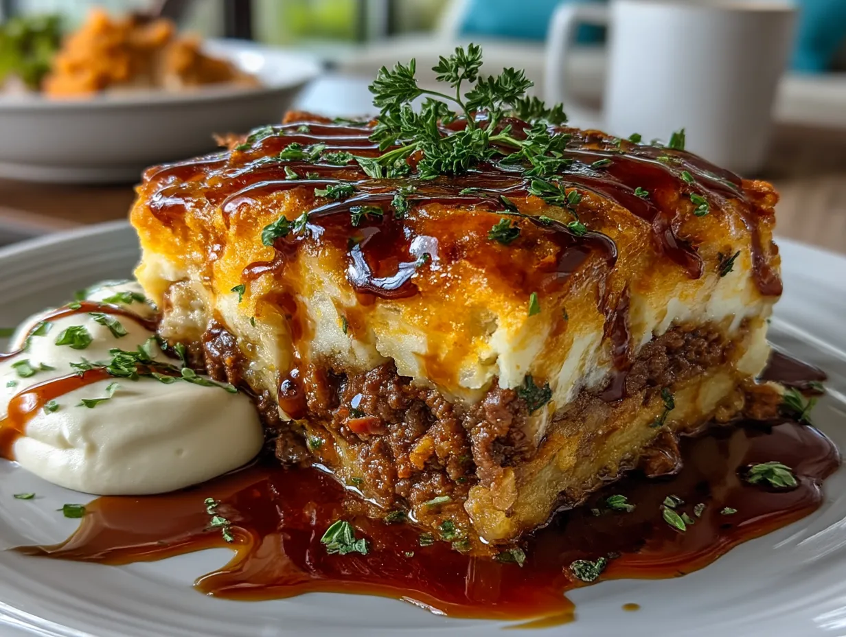 Served Beef Shepherd Pie with Sweet Potato Mash in a rustic dish