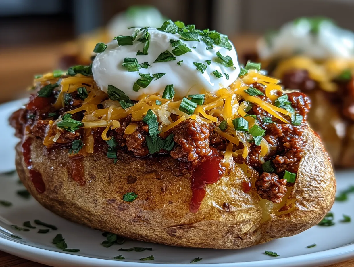 Plated Beef Sloppy Joe Stuffed Baked Potatoes garnished with fresh herbs