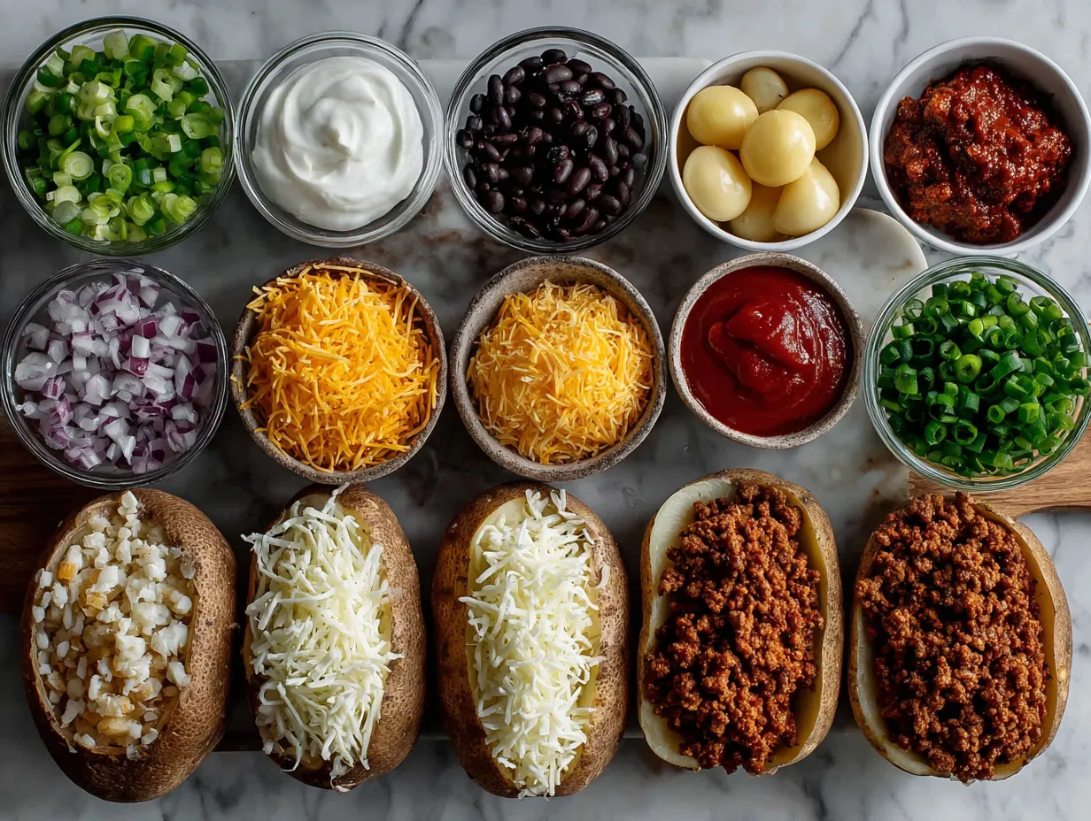 Ingredients laid out for Beef Sloppy Joe Stuffed Baked Potatoes including potatoes, ground beef, tomato sauce, cheese, and spices