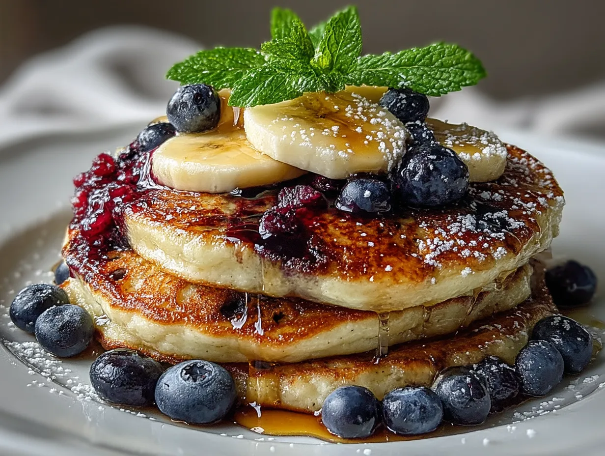 A serving of Blueberry Banana Protein Pancakes topped with fresh blueberries and syrup