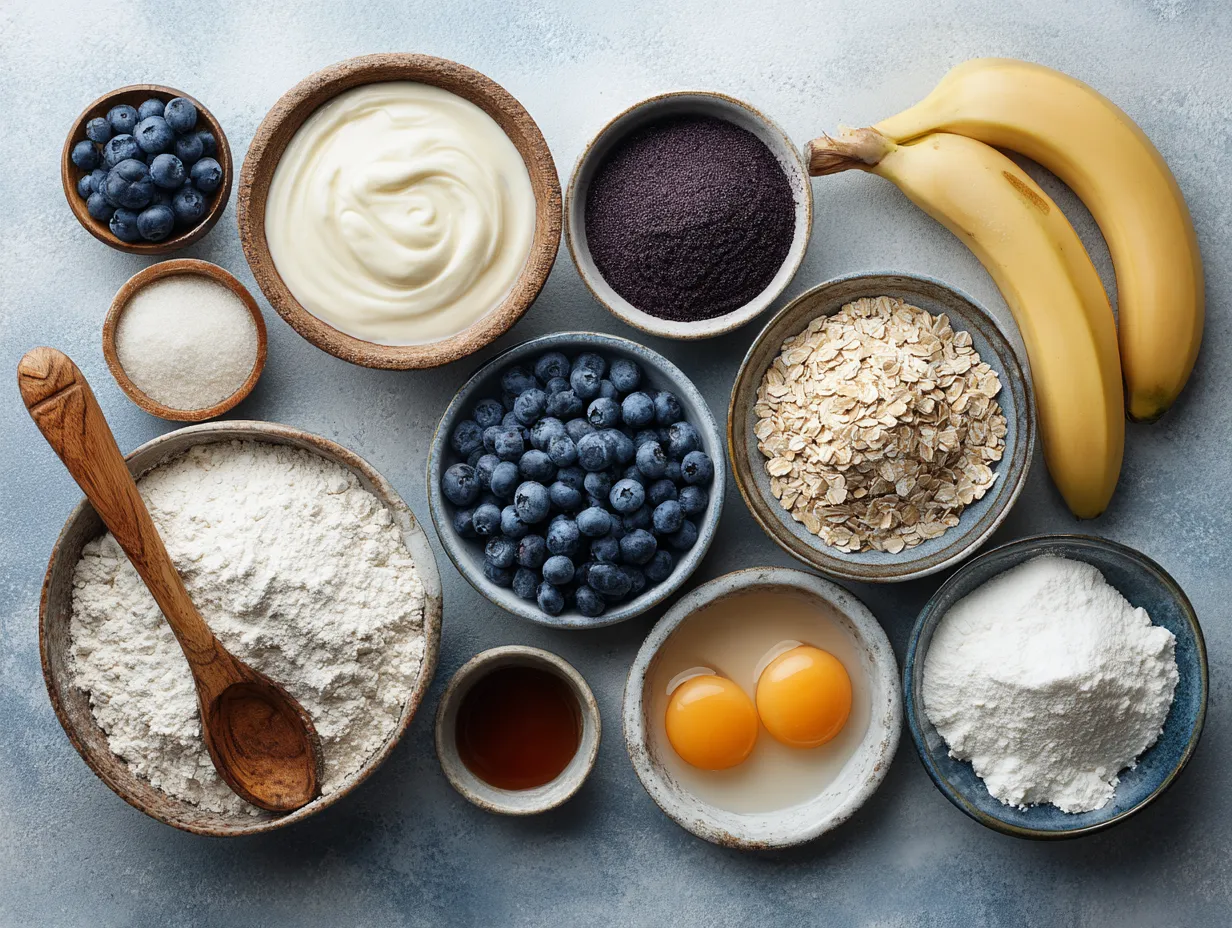 Ingredients for Blueberry Banana Protein Pancakes laid out on a surface