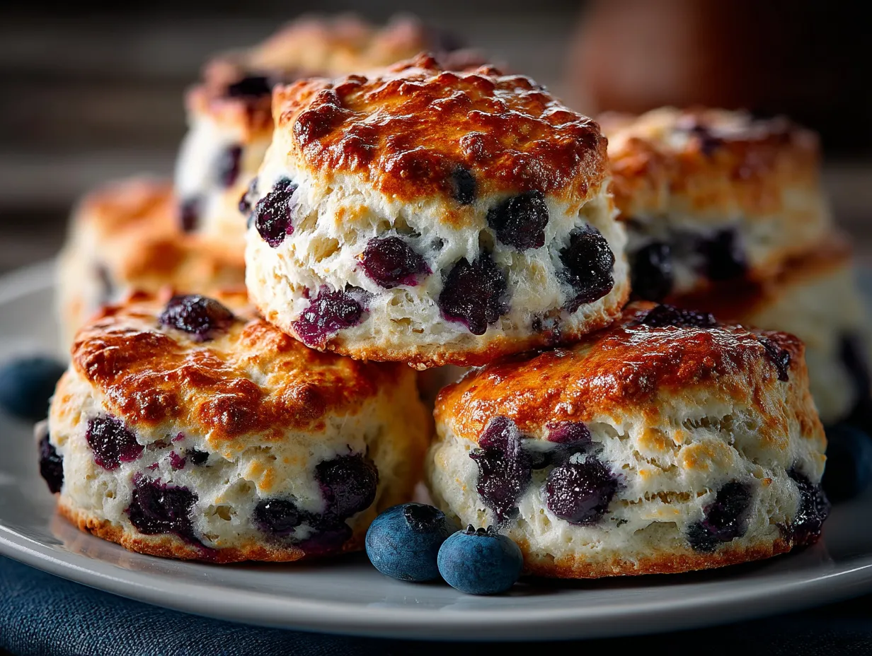 Blueberry scones served warm with butter and tea on a rustic table