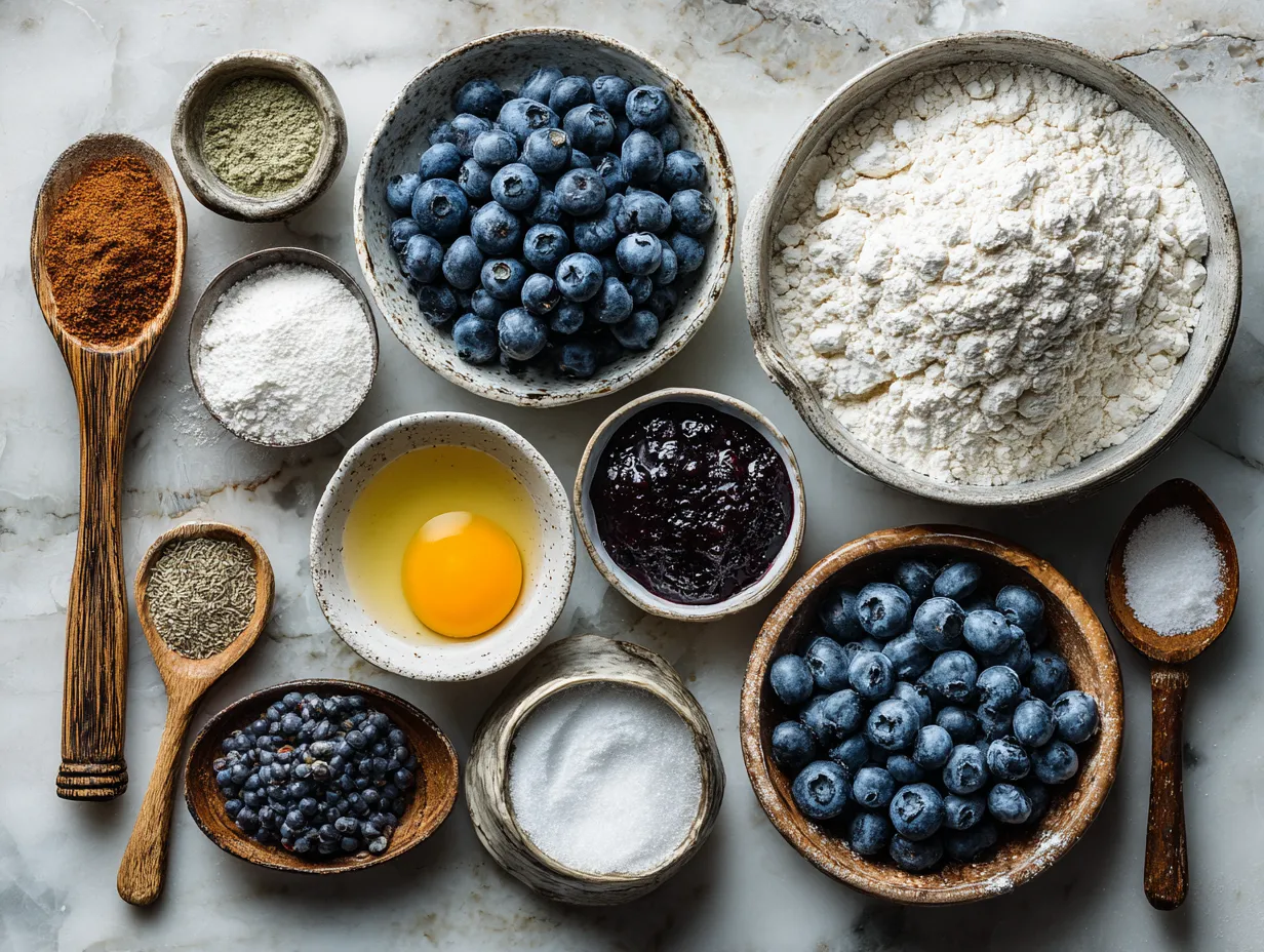 Ingredients for making homemade blueberry scones with bowls of flour, sugar, butter, and fresh blueberries