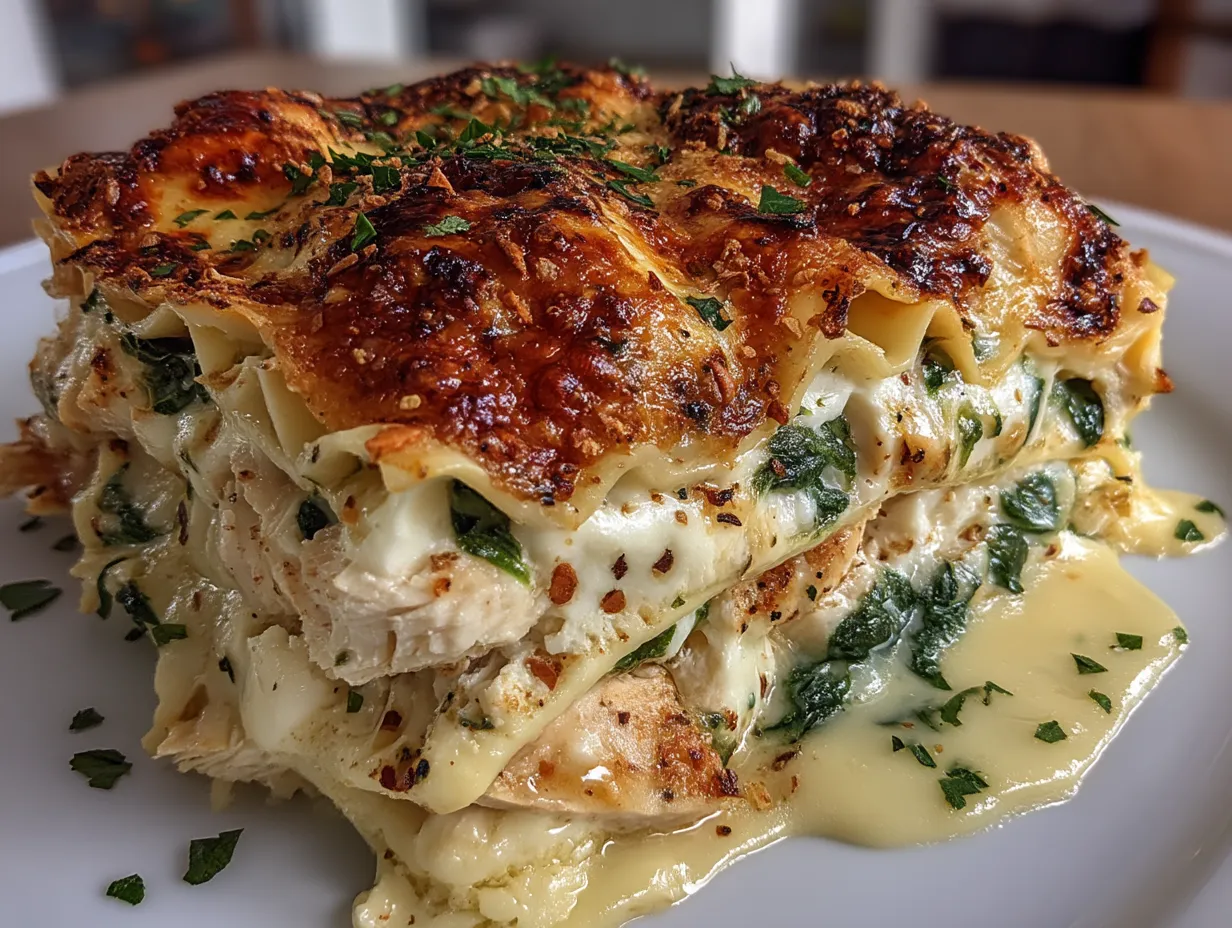 Serving Chicken Alfredo Lasagna with Spinach and Garlic on a warm plate