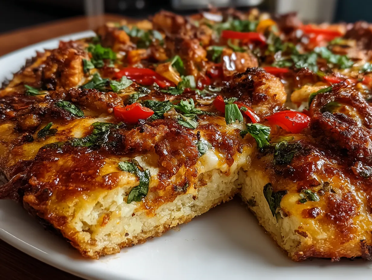 Freshly baked chicken crust pizza served with a salad and fresh toppings