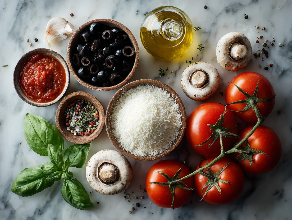 Ingredients laid out to make chicken crust pizza including ground chicken, eggs, cheese, and spices