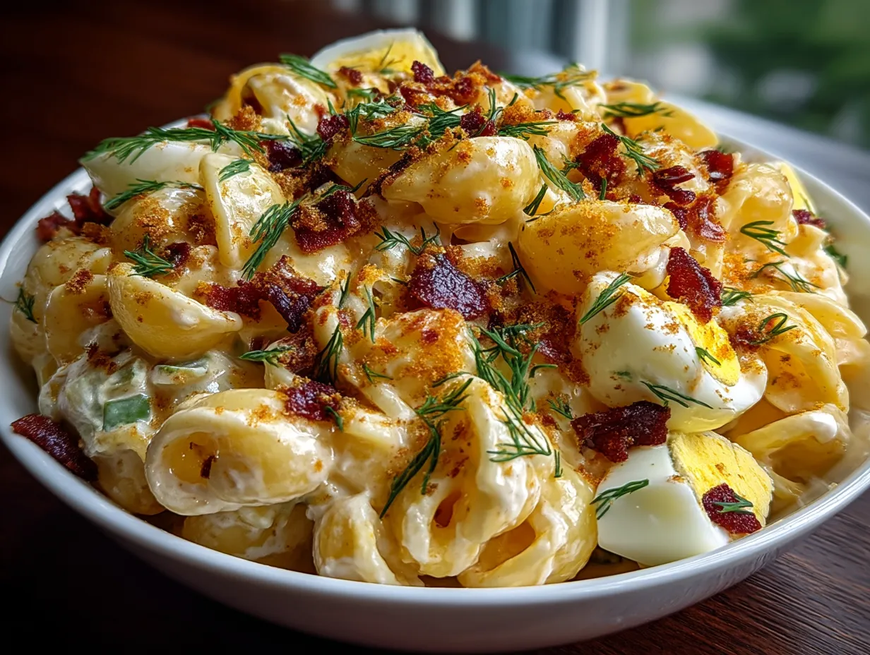 Classic Southern Macaroni Salad served in a bowl, ready to eat