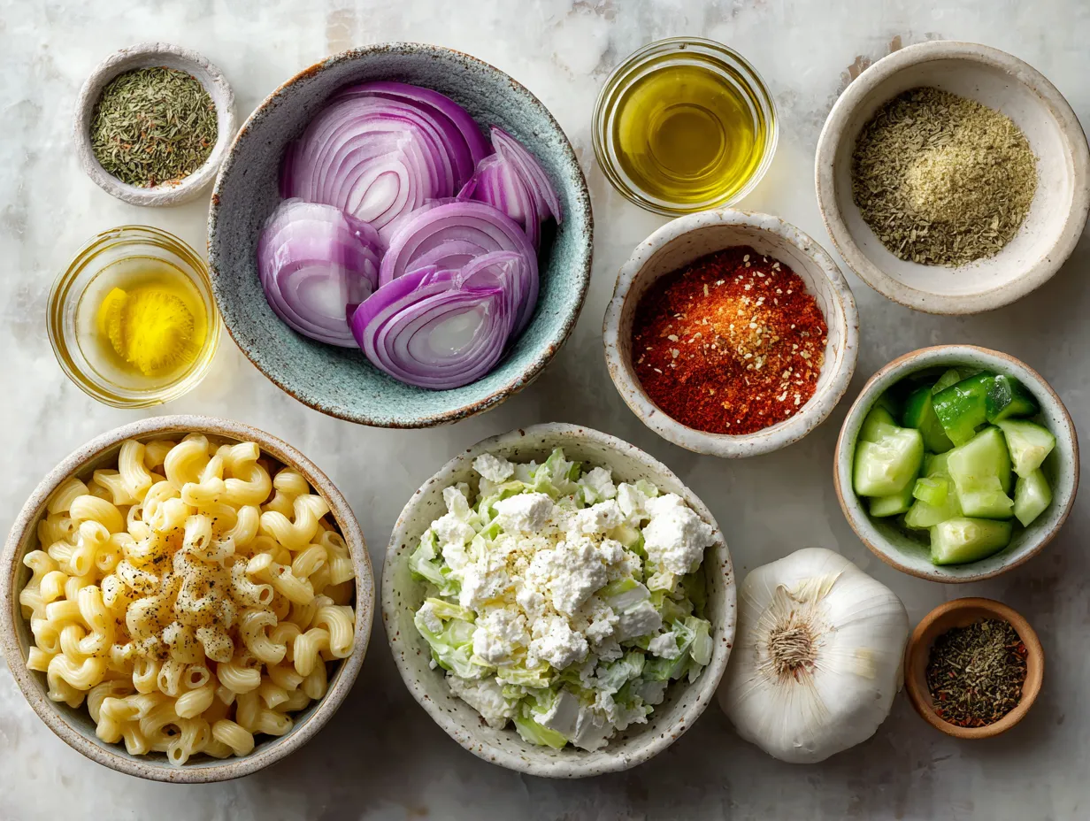 Ingredients arranged for Classic Southern Macaroni Salad