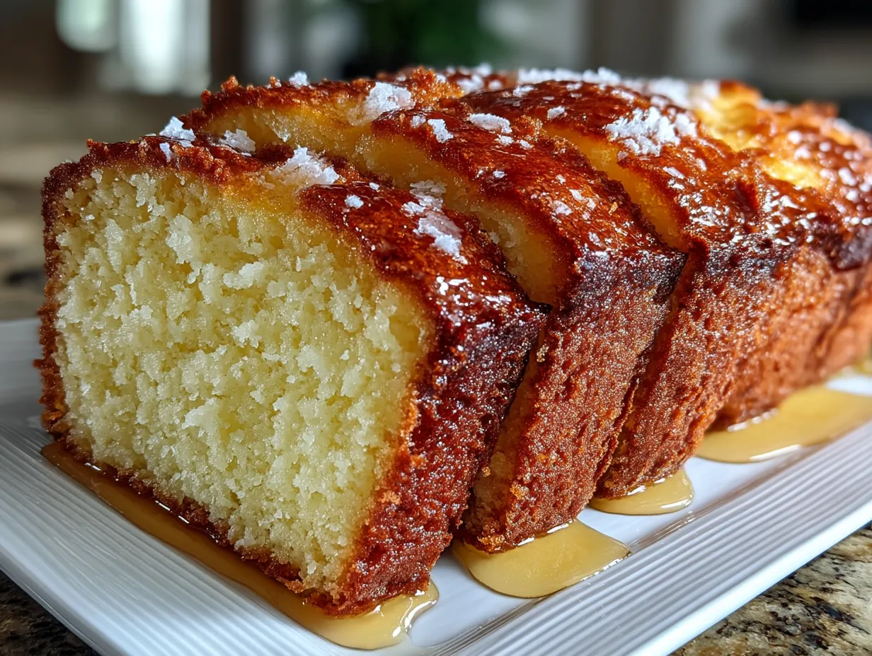 Serving Classic Vanilla Bean Pound Loaf Cake slices with fresh berries and whipped cream