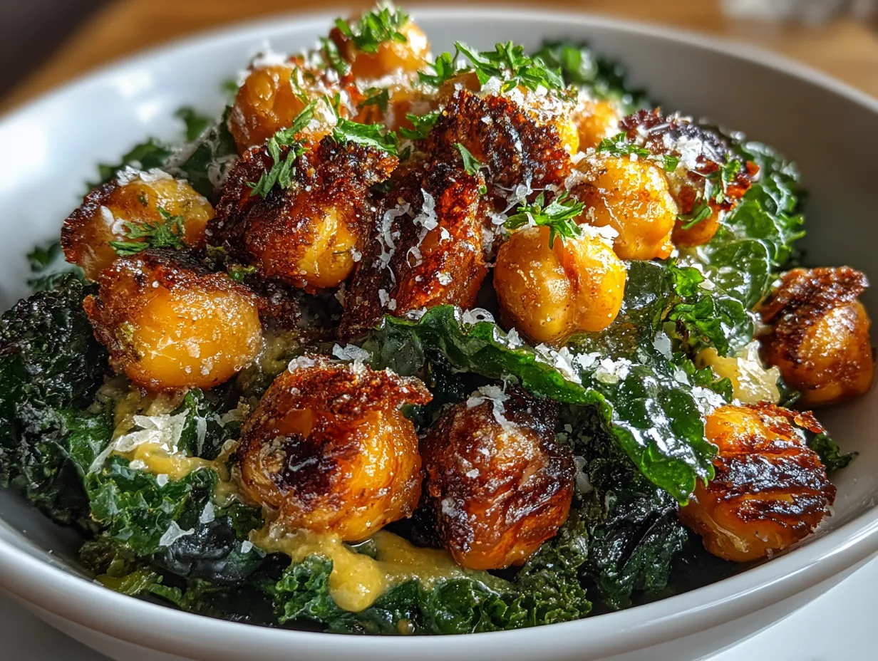 Crispy Roasted Chickpea and Kale Salad Bowl served in a bowl with nuts and cheese