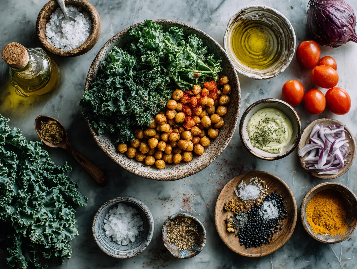 Ingredients for Crispy Roasted Chickpea and Kale Salad Bowl