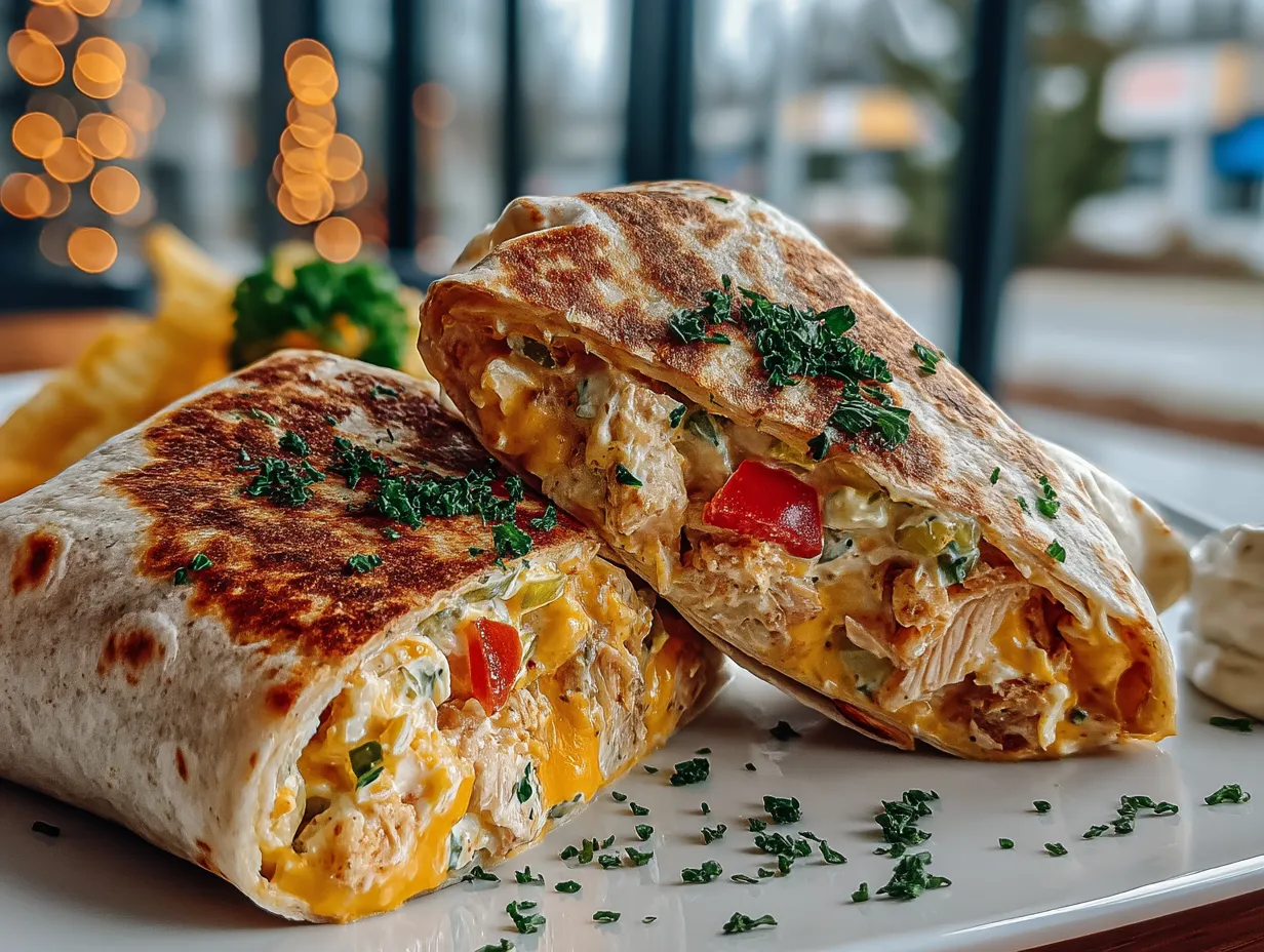 Dill Pickle Chicken Salad Wrap with Cheddar cut diagonally serving suggestion