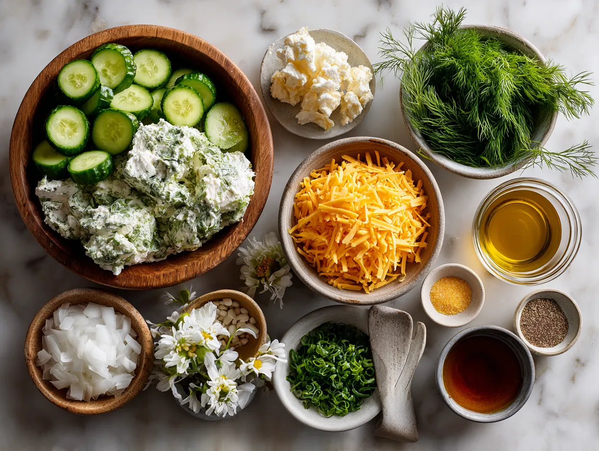 Ingredients for Dill Pickle Chicken Salad Wrap with Cheddar laid out in bowls