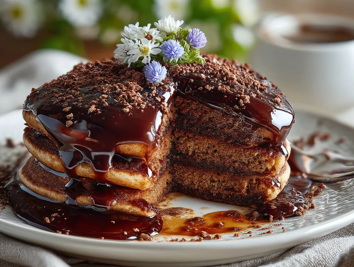 Stack of fluffy chocolate pancakes with butter and fresh berries