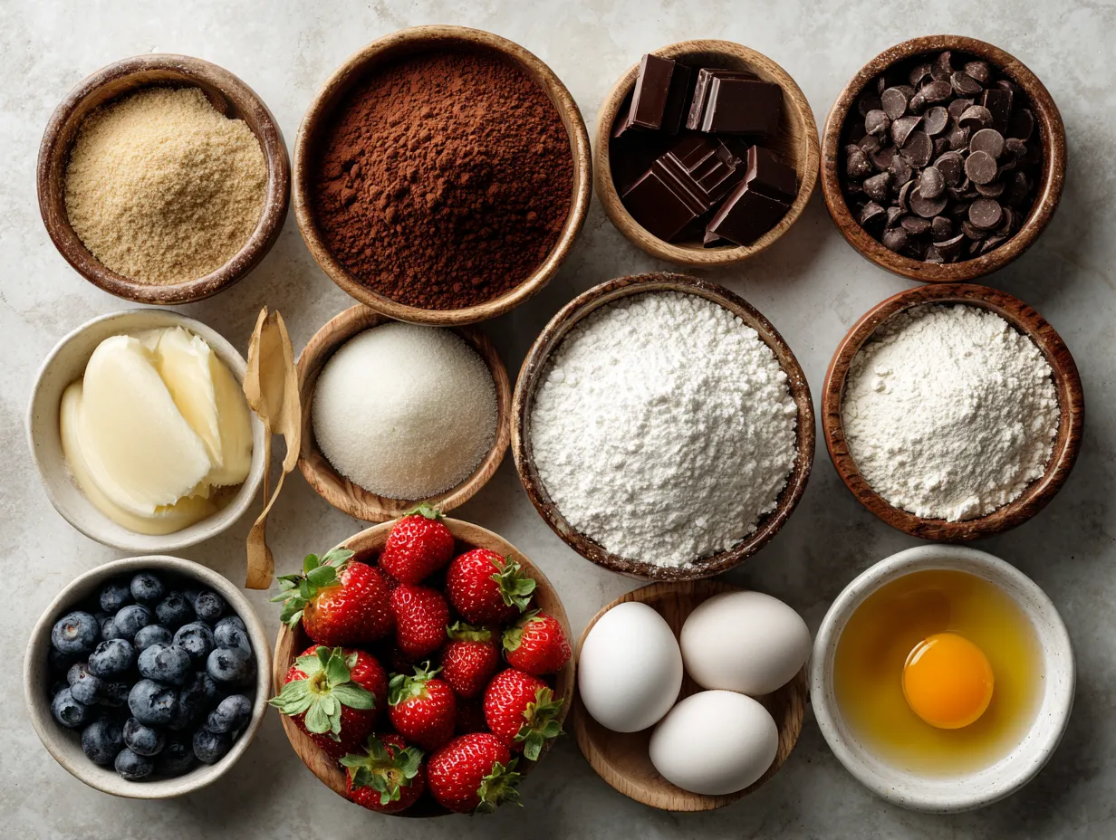 Ingredients for fluffy chocolate pancakes arranged on a kitchen table