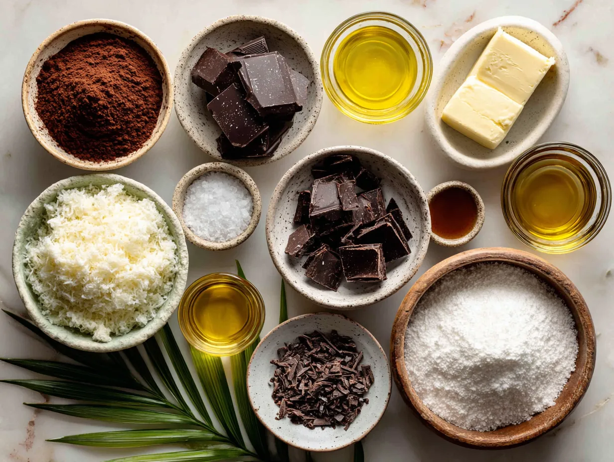 Ingredients for fudgy dark chocolate brownies with sea salt flakes