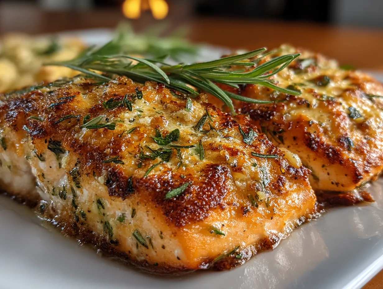 Serving garlic butter baked salmon with fresh lemon and herbs on a plate
