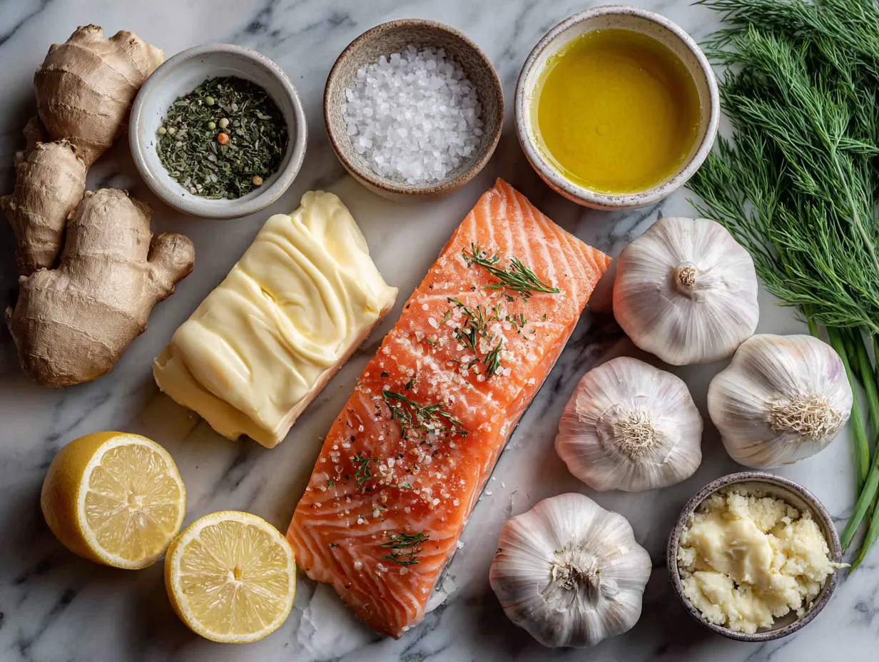 Ingredients for garlic butter baked salmon on a kitchen counter