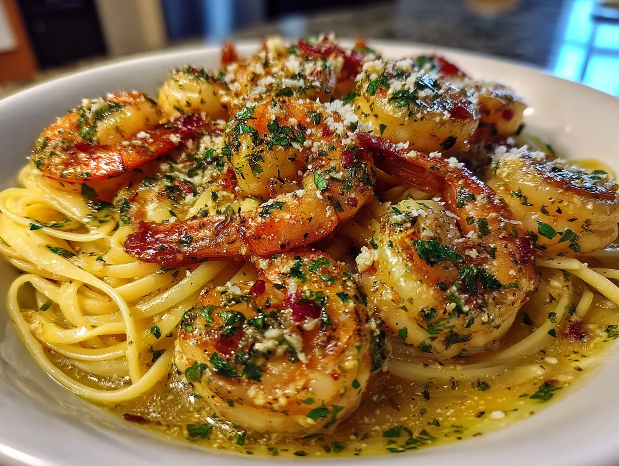 Serving Garlic Butter Shrimp Scampi with Linguine Pasta