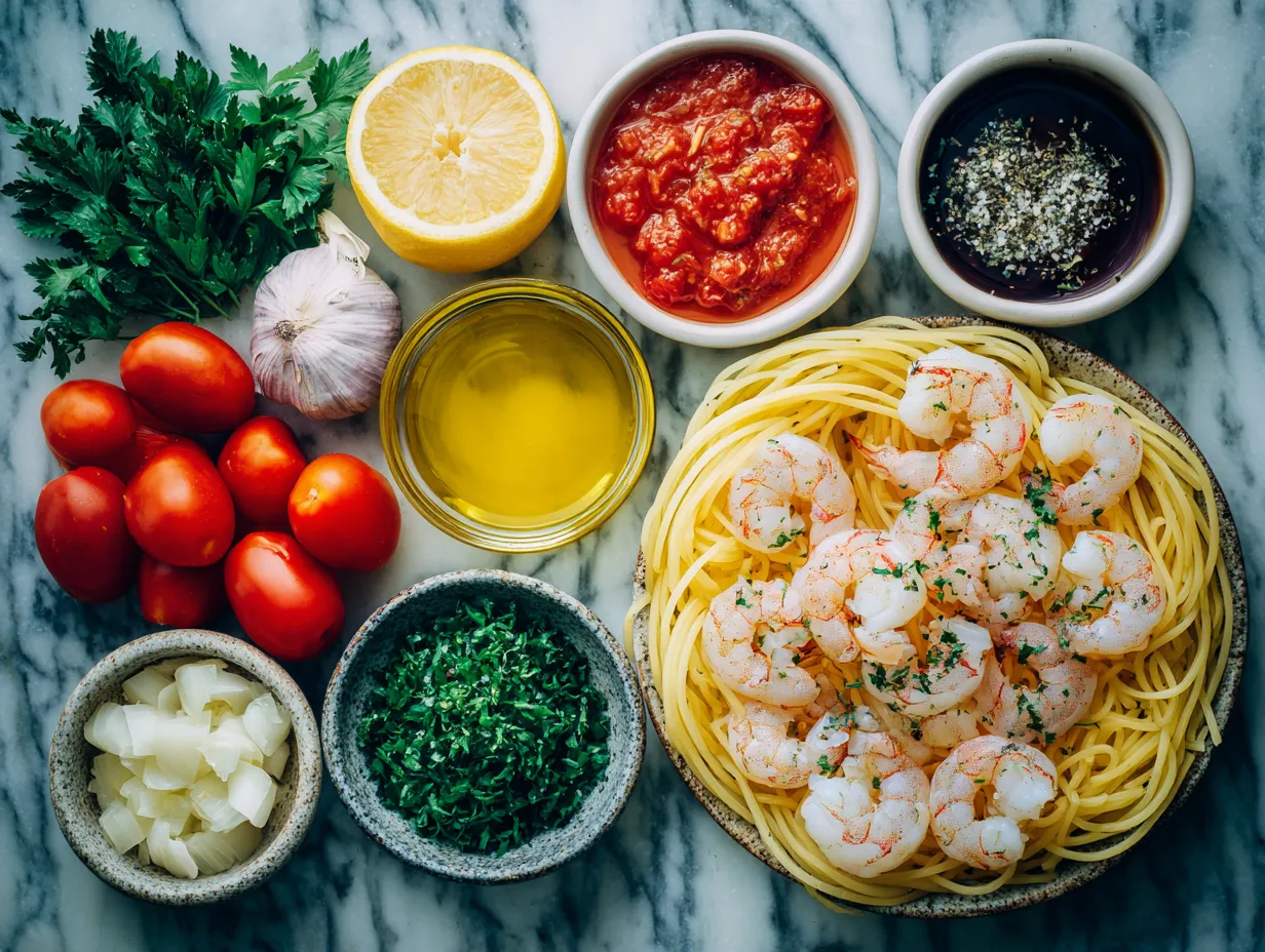 Ingredients for Garlic Butter Shrimp Scampi with Linguine Pasta