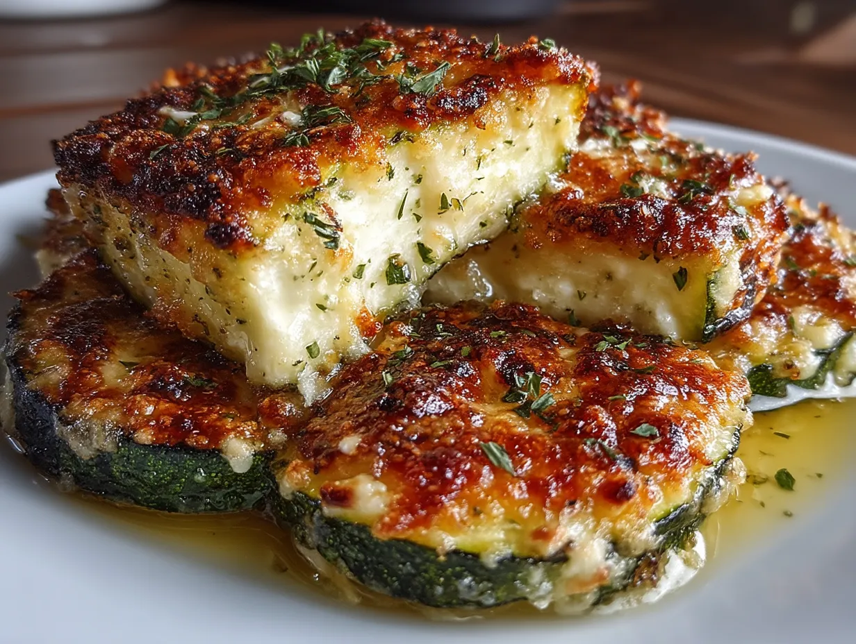Serving platter with Garlic Parmesan Baked Zucchini Slices garnished with fresh herbs