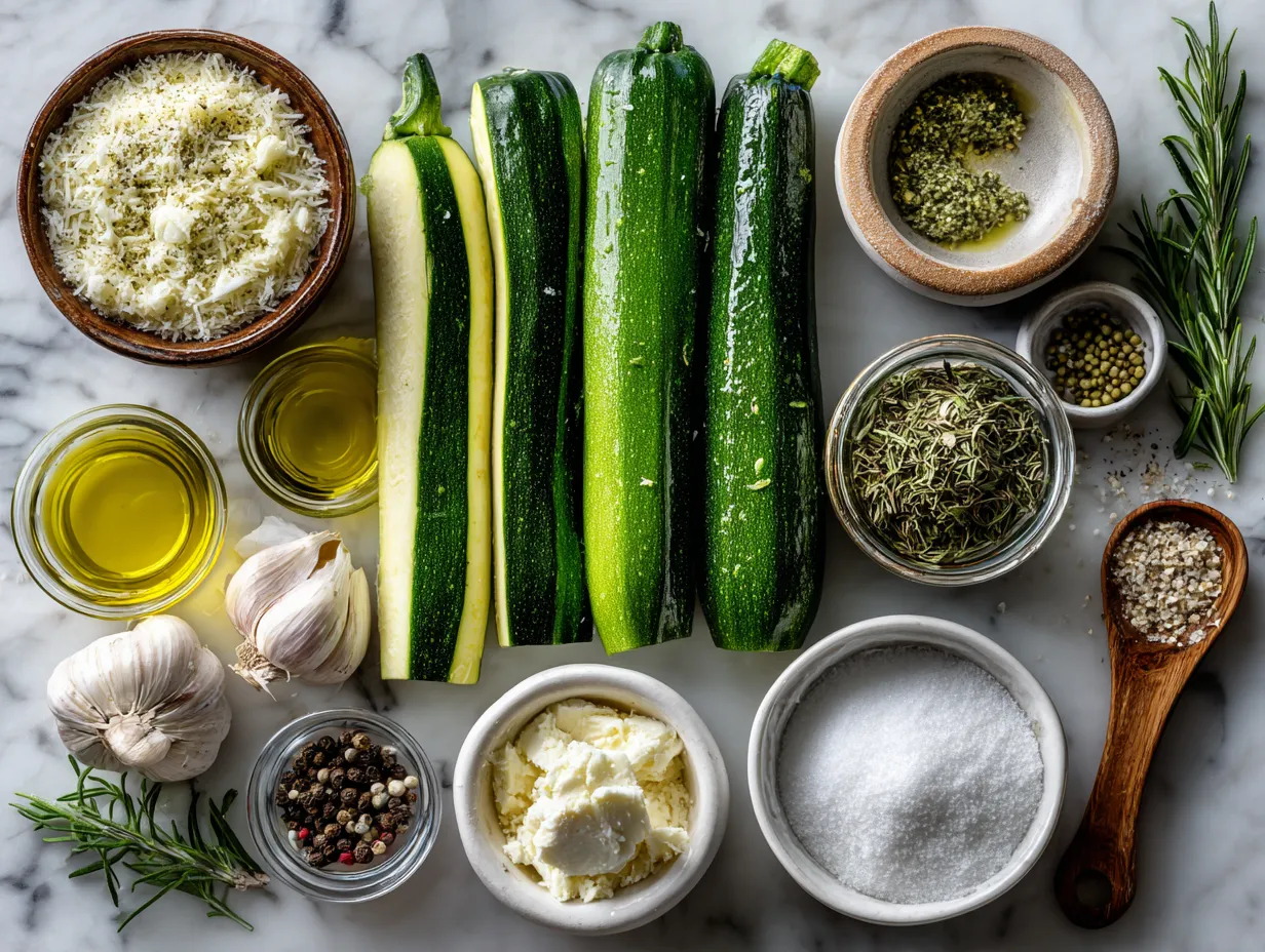 Ingredients for Garlic Parmesan Baked Zucchini Slices including zucchini, parmesan cheese, panko breadcrumbs, garlic, and olive oil