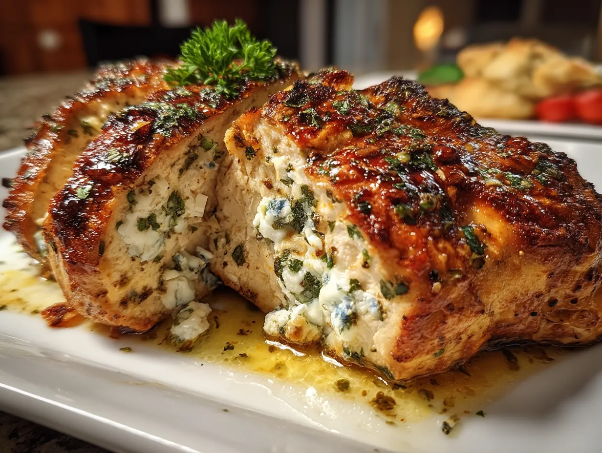 Plated Greek stuffed chicken with golden crust and colorful spinach and feta filling.