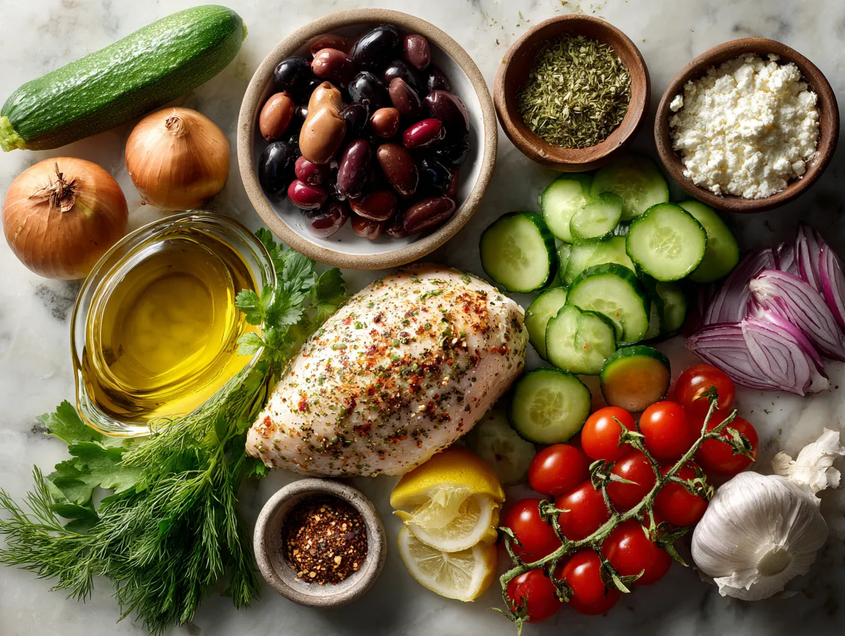 Ingredients for Greek stuffed chicken including chicken breasts, spinach, feta, garlic, and herbs.