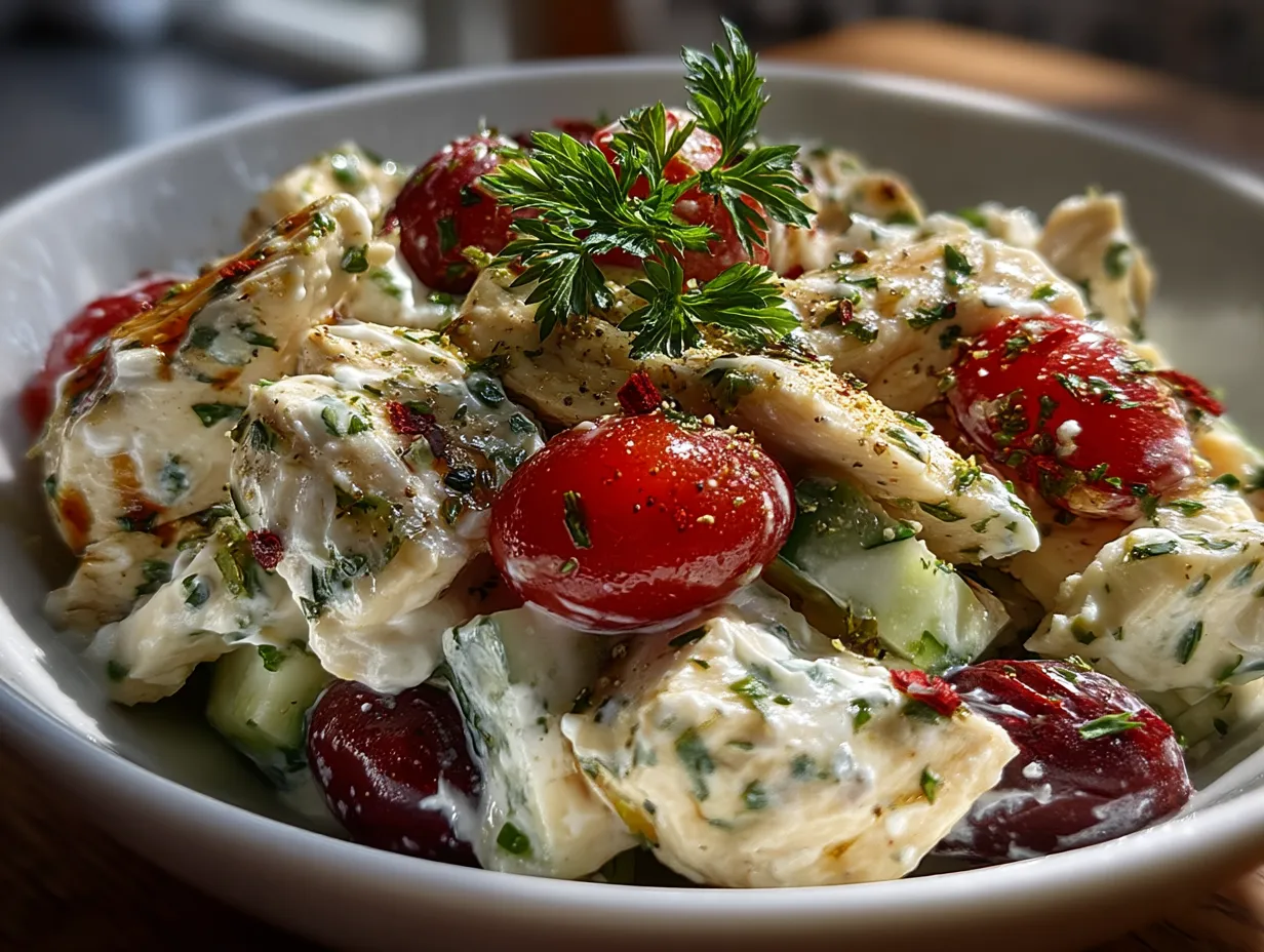 Serving ideas for Greek yogurt chicken salad on a table with crackers and greens
