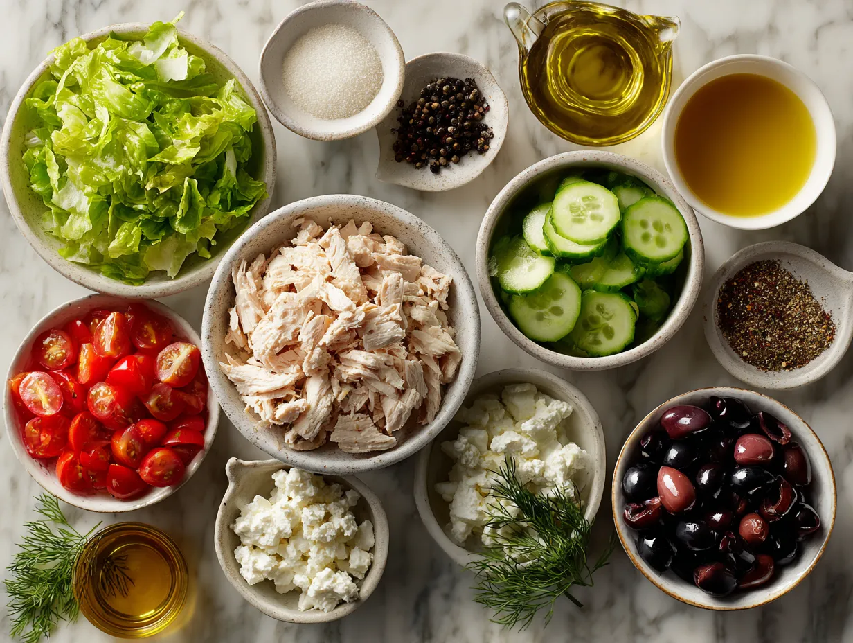 Ingredients for Greek yogurt chicken salad laid out on a table