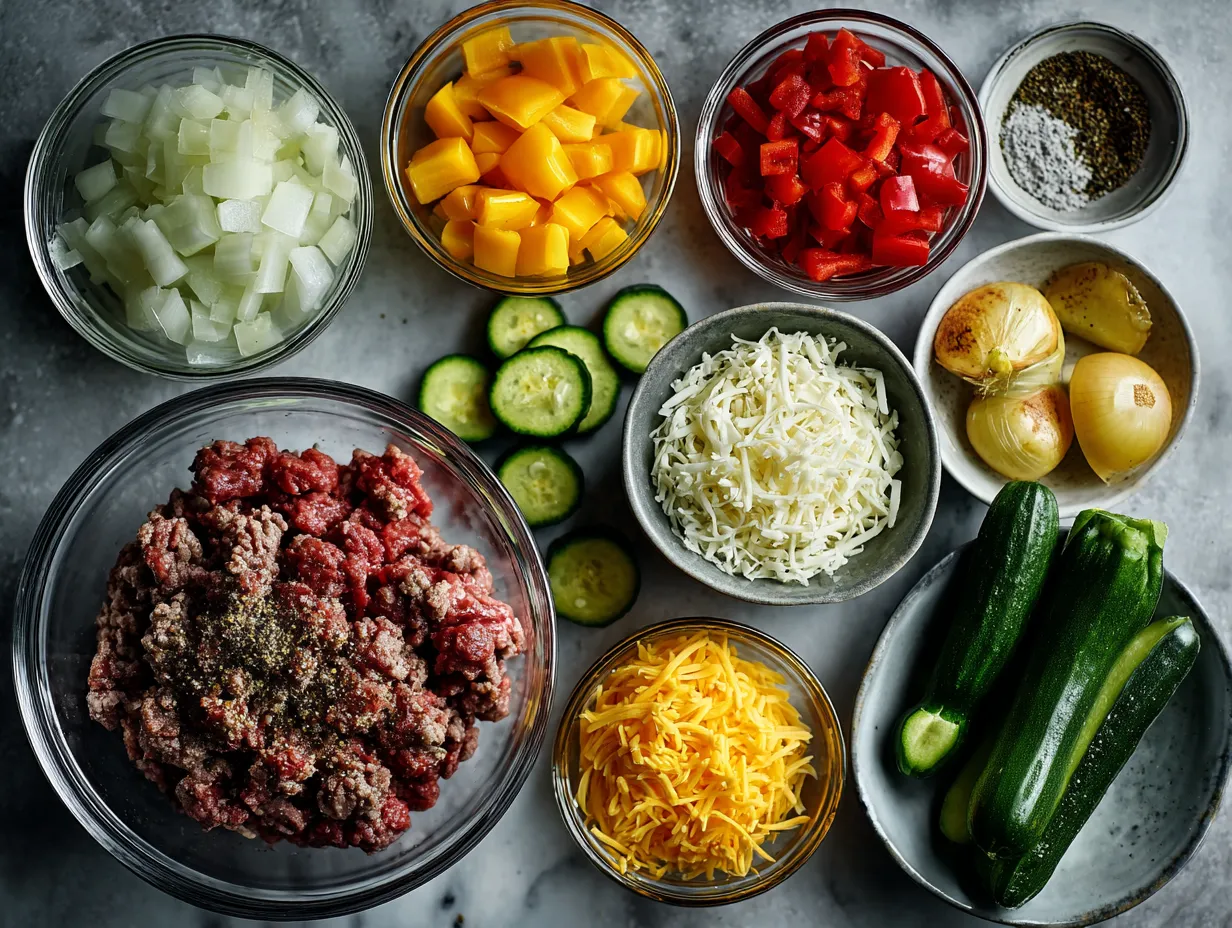Ingredients for Ground Beef and Vegetable Casserole with Cheddar