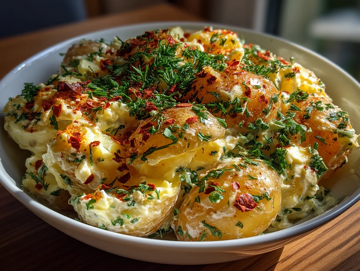 Serving suggestion of Hellmanns potato salad on a plate alongside fresh greens and grilled foods