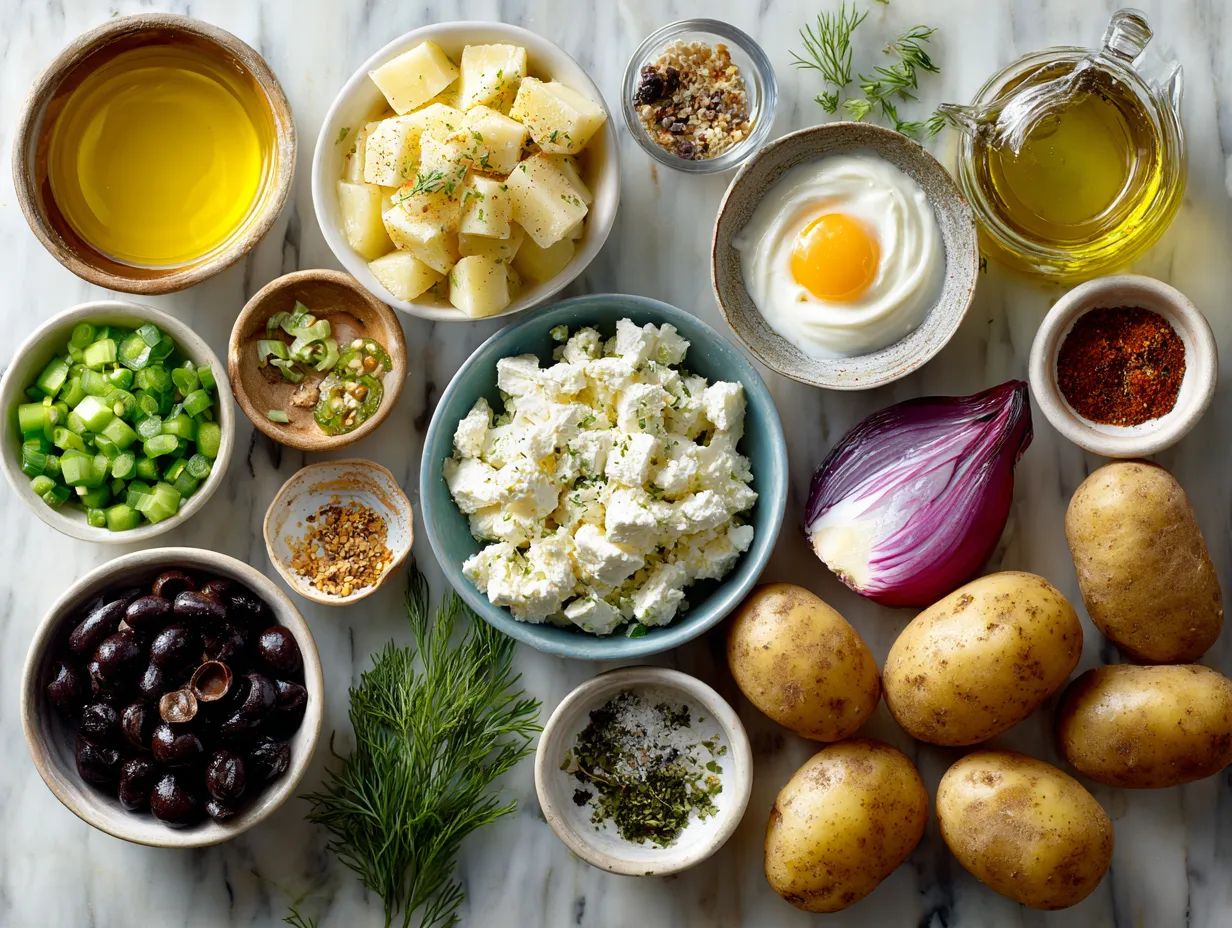 Ingredients for Hellmanns potato salad including potatoes, mayonnaise, celery, eggs, herbs, and mustard