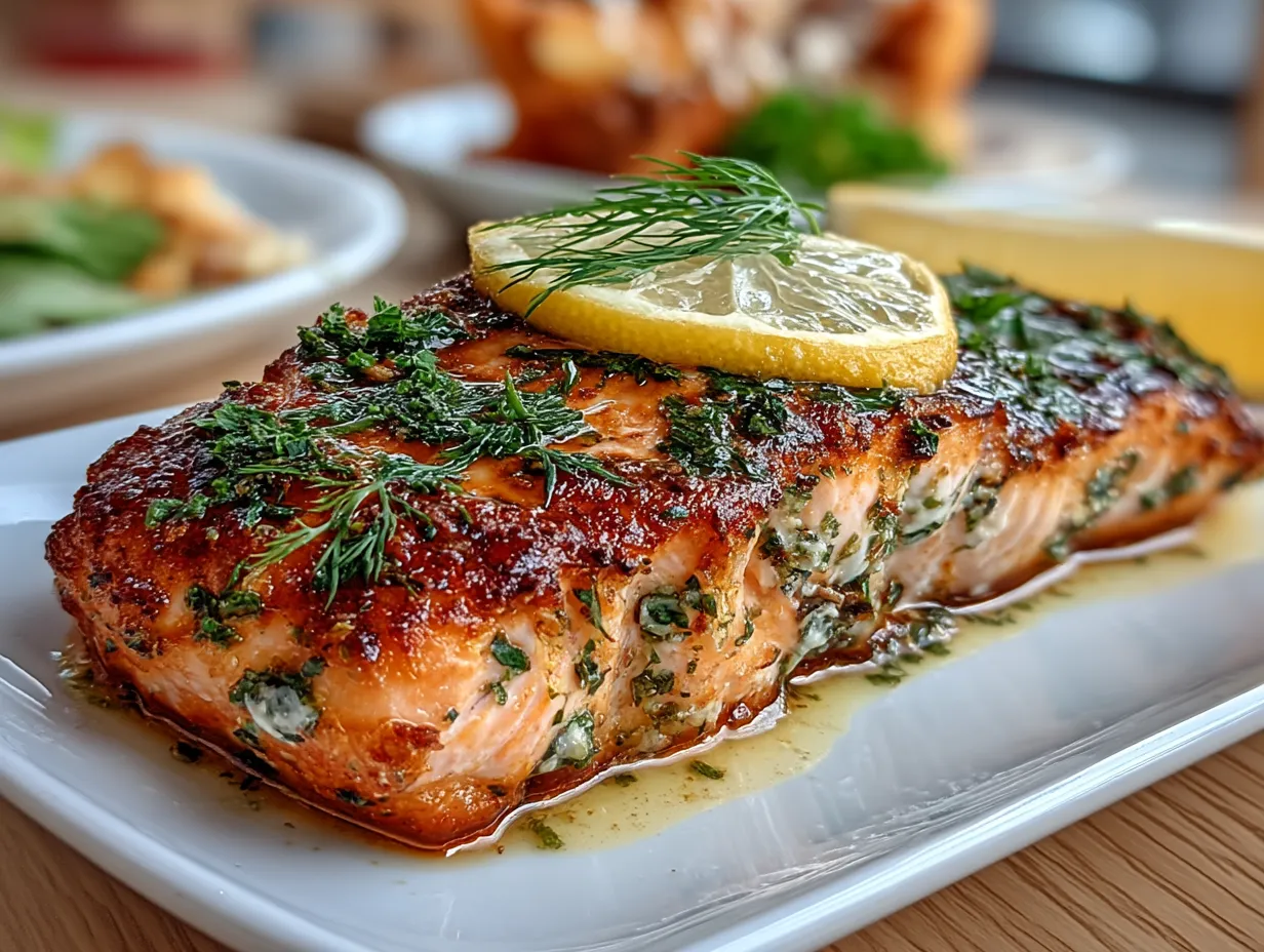 Plated Lemon Dill Baked Trout Fillet served with fresh herbs and sides