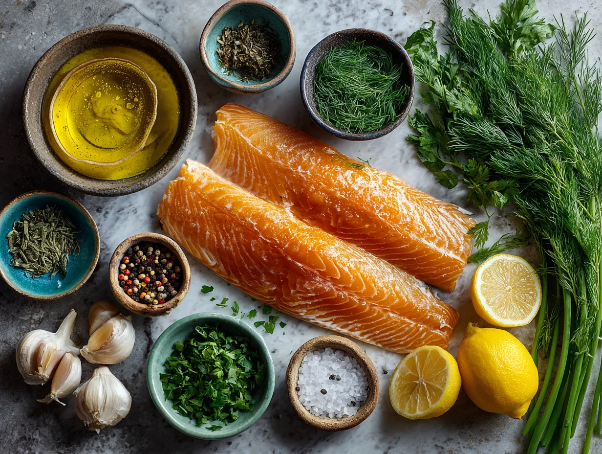 Ingredients for Lemon Dill Baked Trout Fillet including trout fillets, lemon, dill, garlic, and olive oil