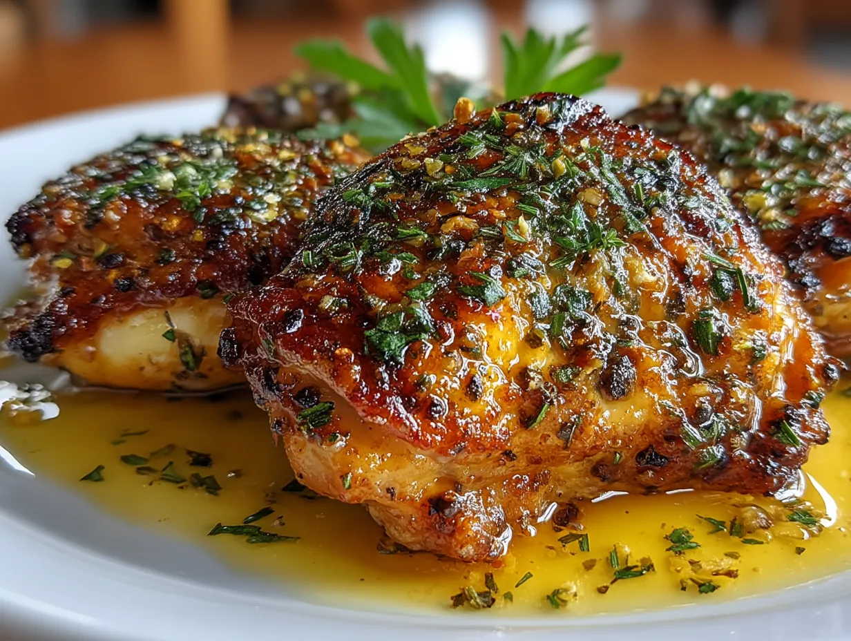 Plated Lemon Pepper Chicken Thighs garnished with lemon wedge and fresh parsley