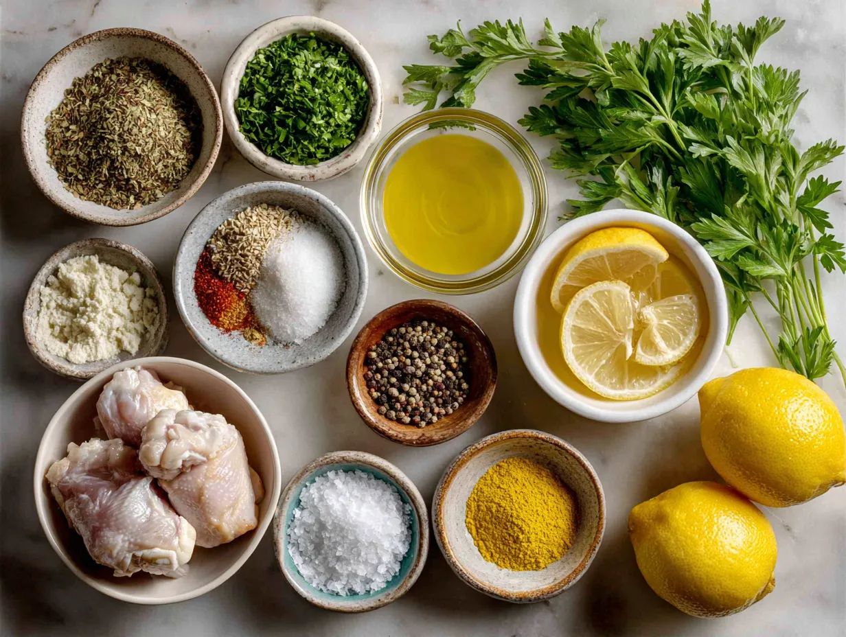 Ingredients for Lemon Pepper Chicken Thighs including chicken thighs, lemon, garlic, and seasoning