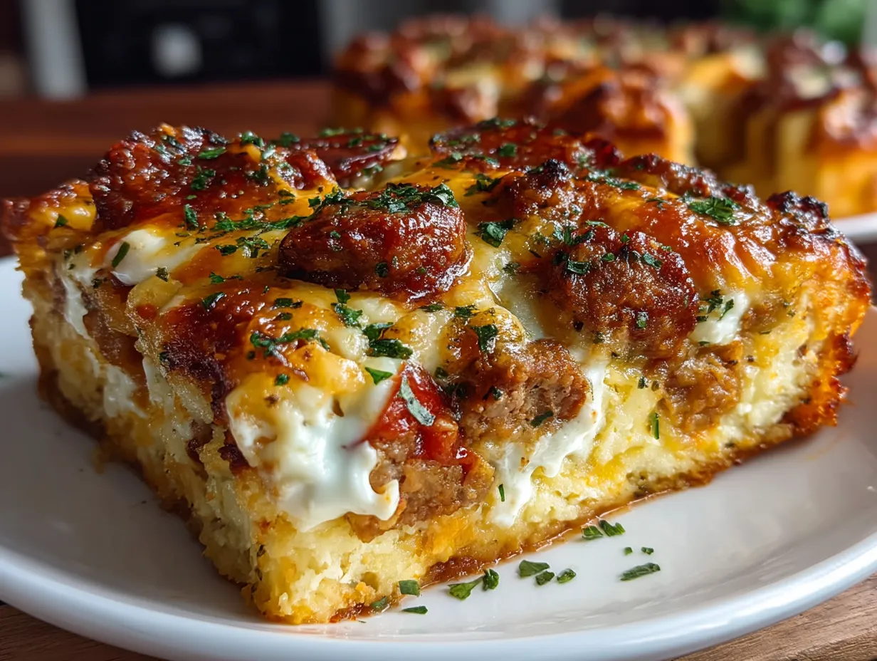Served Meat Lovers Pizza Casserole with melted cheese and herbs