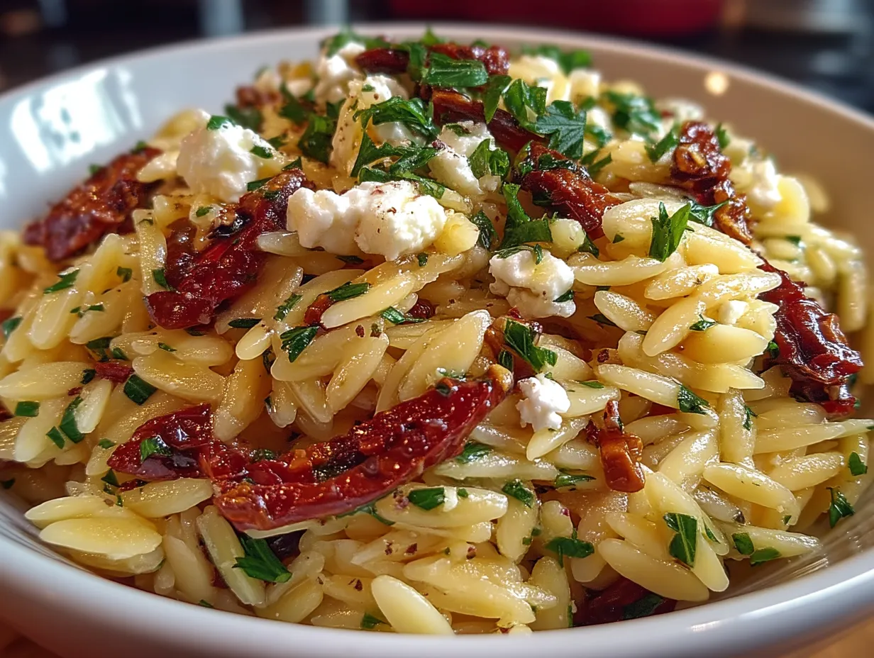 Served Orzo Pasta Salad with Feta and Sun-Dried Tomatoes in a bowl garnished with fresh herbs