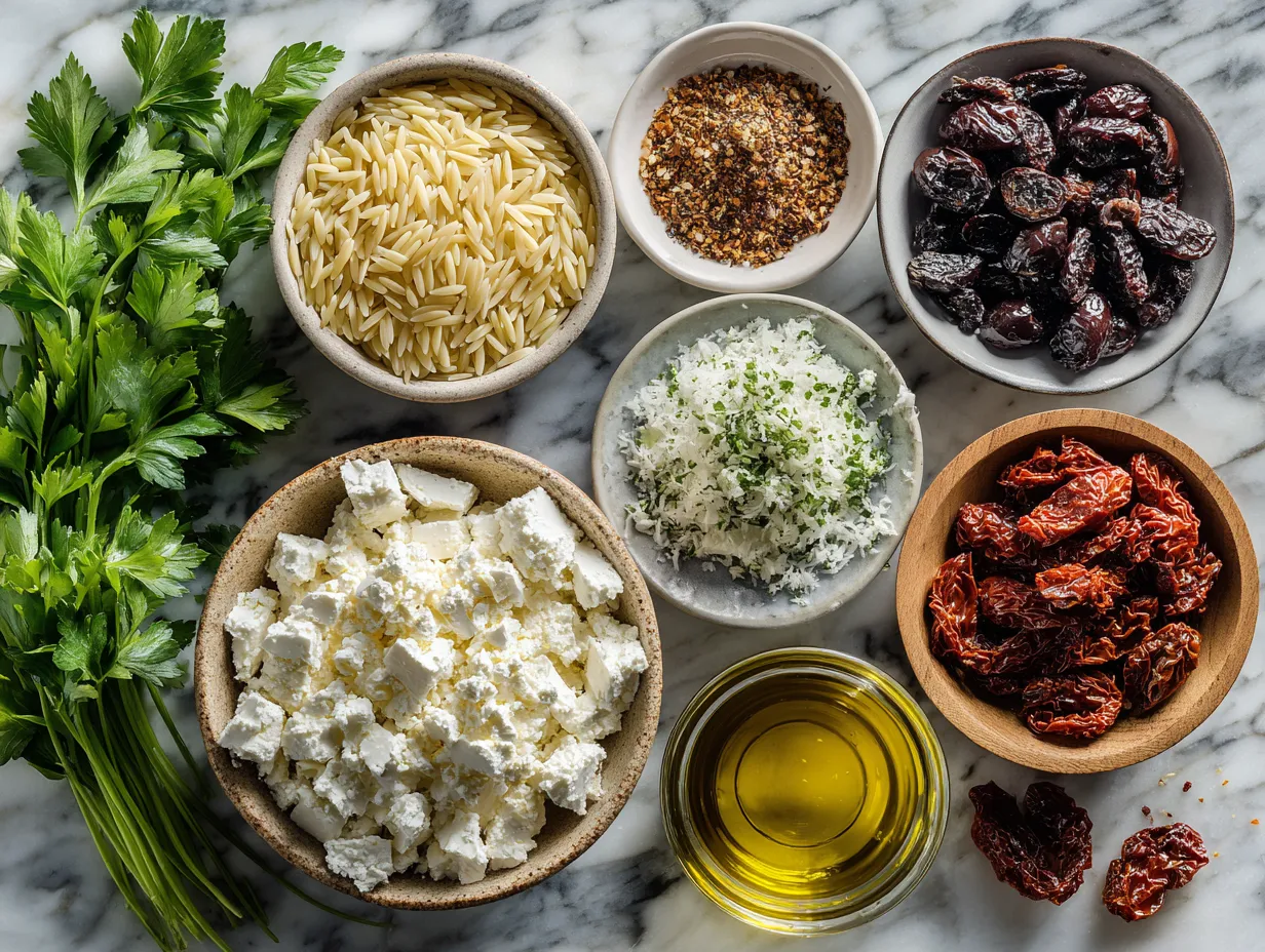 Ingredients for Orzo Pasta Salad with Feta and Sun-Dried Tomatoes