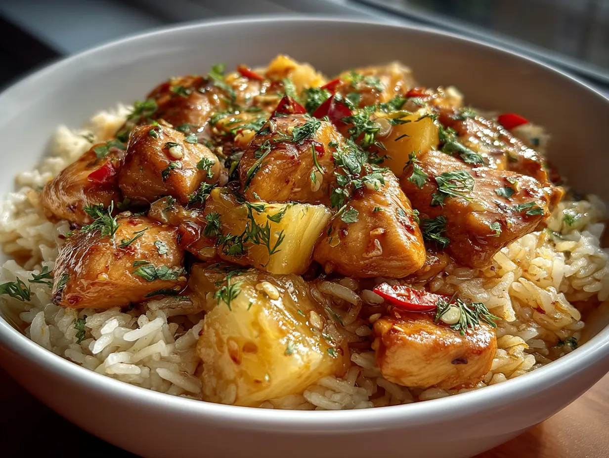 Serving Pineapple Chicken and Rice in vibrant bowls with fresh herbs garnish